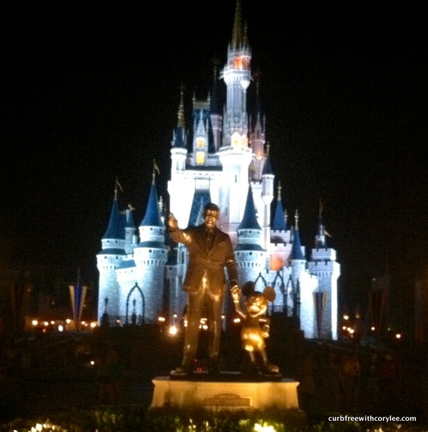 Walt Disney and Mickey Mouse look over Main Street, USA in front of Cinderella's Castle. wheelchair access disney world
