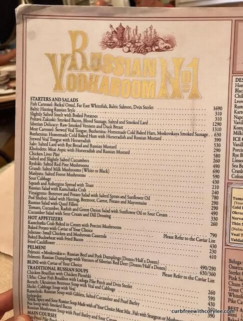 Russian VodkaRoom No. 1 menu