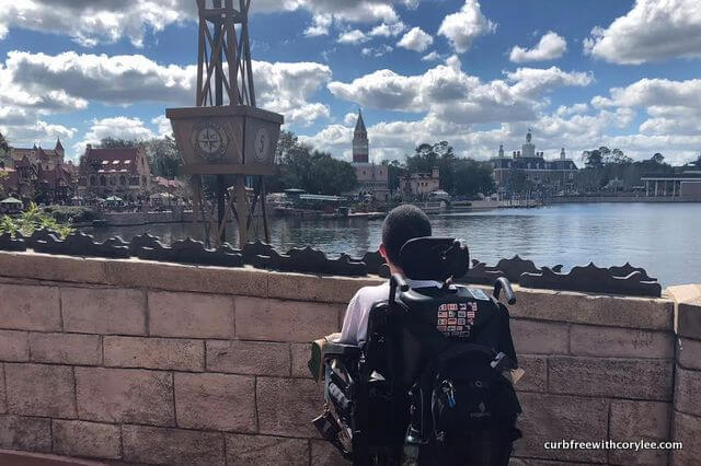 Disney World disability access, Looking out at Epcot's World Showcase, Wheelchair accessible disney world, disney world wheelchair rental, disney disability pass, disney access pass, disney world accessibility
